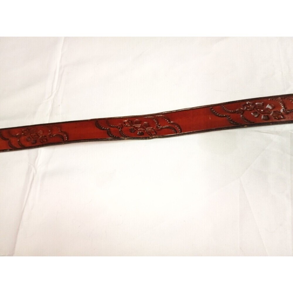 Vintage 90s Made in USA Floral Tooled Leather Belt 18-3222 Solid Brass Buckle - Picture 4 of 15